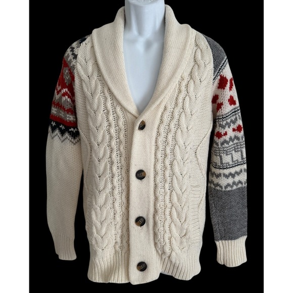 Cardigan Mens Cable Knit Sweater M Nordic Shawl Collar Wool Chunky Eleven Paris - Picture 1 of 7